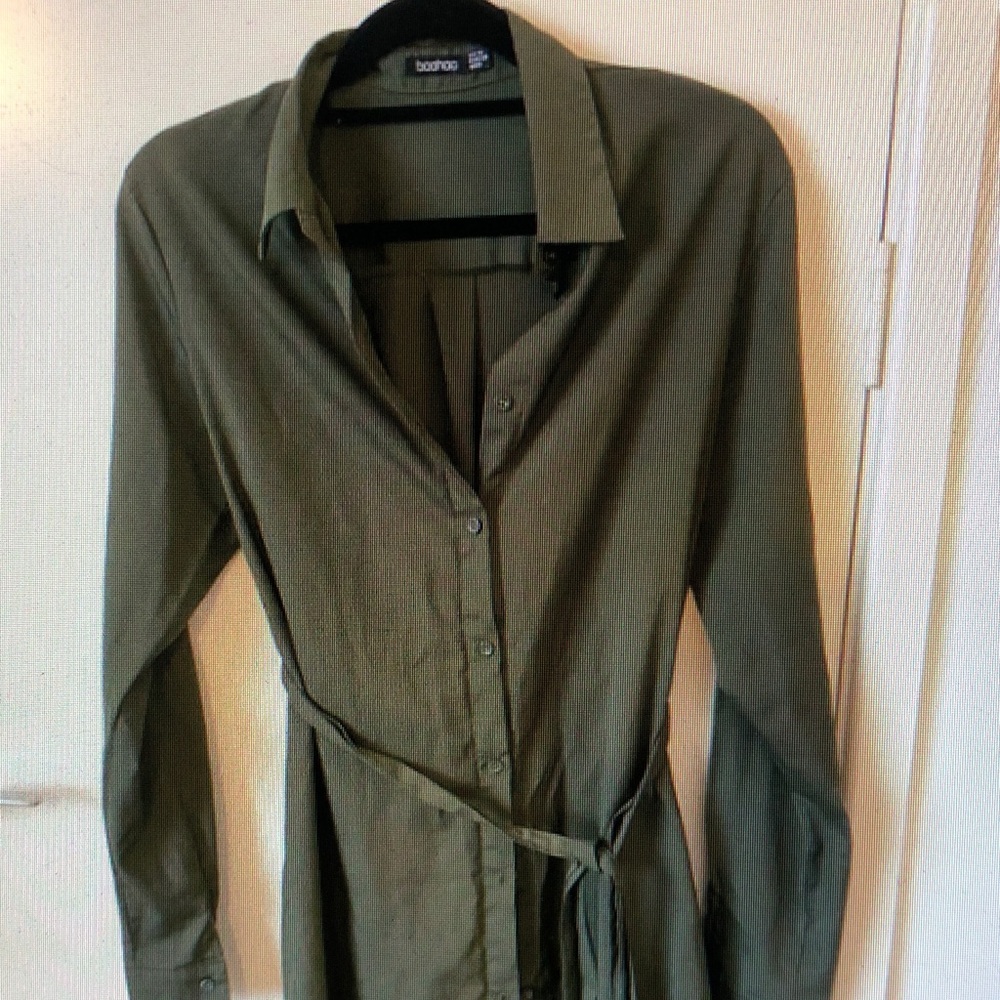 Boohoo Olive Shirt Dress with Tie Waist